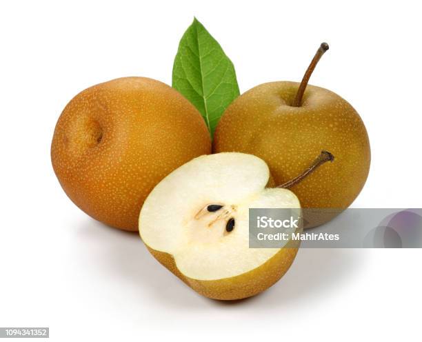 Asian Pear Or Nashi Pear With Leaf Stock Photo - Download Image Now - Asian Pear, Pear, Cut Out