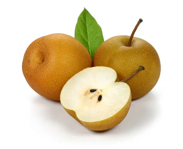 Photo of Asian pear or Nashi pear with leaf