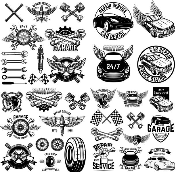 Set of car service station emblems and design elements. For label, sign, banner, t shirt, poster. Set of car service station emblems and design elements. For label, sign, banner, t shirt, poster. Vector illustration vintage tire stock illustrations