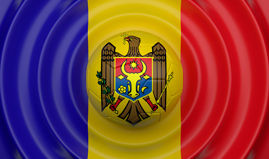 Moldova, soccer ball on a wavy background, complementing the composition in the form of a flag, 3d illustration