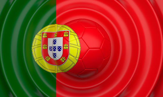 Portugal, soccer ball on a wavy background, complementing the composition in the form of a flag, 3d illustration