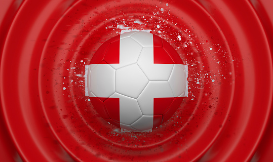 Switzerland, soccer ball on a wavy background, complementing the composition in the form of a flag, 3d illustration
