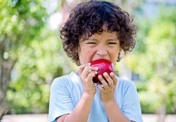 istock Little boy eating apple outdoors 1094358460