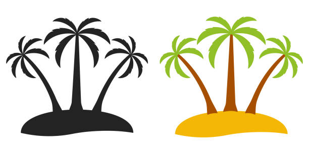 illustrations, cliparts, dessins animés et icônes de palm île déserte arbre, vector logo pour tourisme trois palmiers sur une île, style plat comic cartoon - summer exploration idyllic heaven