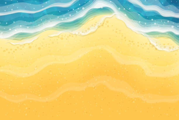 Sea wave and sand beach. Top view. Sea wave and sand beach. Top view. Ocean coast. Travel background. Summer time rest concept. Tourist seaside season. EPS10 vector illustration. waters edge stock illustrations