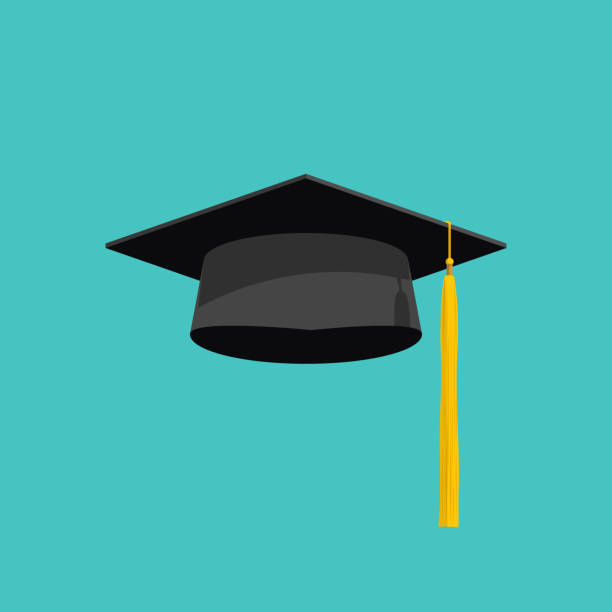 ilustraciones, imágenes clip art, dibujos animados e iconos de stock de vector de cap de graduación aislado sobre fondo azul, sombrero de la graduación con icono plano borla, académico, imagen de casquillo de la graduación, casquillo de la graduación - graduation university degree learning