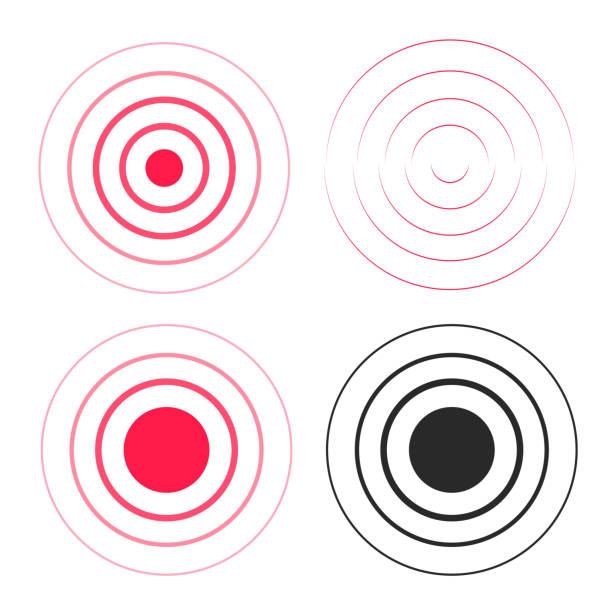 rote wellen ringe schallwellen icons set, linie, kreis, radio signal schwarz-weiß farbskalen mit großer punkt im zentrum, wasser tropfen wellen, epizentrum gestaltungselement isoliert auf weiss - erdbeben stock-grafiken, -clipart, -cartoons und -symbole