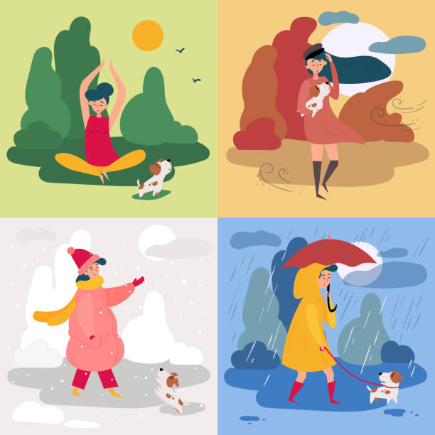 ilustraciones, imágenes clip art, dibujos animados e iconos de stock de una niña y cuatro estaciones y el tiempo. nevadas, lluvias - four seasons cloud autumn plant