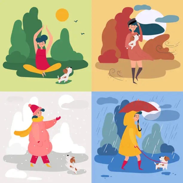 Vector illustration of A girl and four seasons and weather. Snowy, rainy