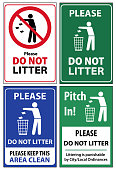 istock Set of posters and sticker signs with a call please do not litter, keep area clean 1094367160