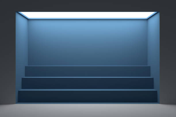 istock Simple empty storefront, showcase, podium, niche or scene with big window and shelves. 3d render. 1094368026