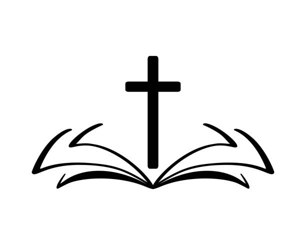 vektor-illustration von christian logo. emblem mit kreuz und heilige bibel. religiöse gemeinschaft. gestaltungselement für poster, logos, abzeichen, zeichen - beten stock-grafiken, -clipart, -cartoons und -symbole