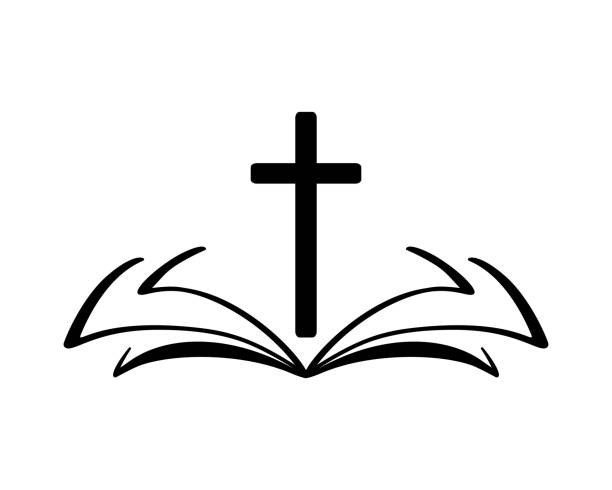 wektorowa ilustracja christian logo. godło z krzyżem i biblią świętą. wspólnota religijna. element projektu plakatu, logo, plakietki, znaku - christian imagery stock illustrations