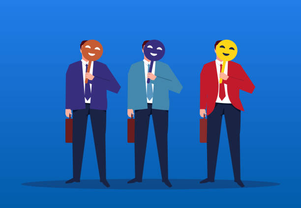 ilustrações, clipart, desenhos animados e ícones de três empresários segurando máscaras - human face business forecasting men