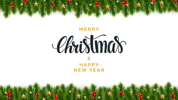 Christmas fir background, realistic look, holiday design Christmas fir background, realistic look, with berries, star and pearl decorations evergreen garland stock illustrations