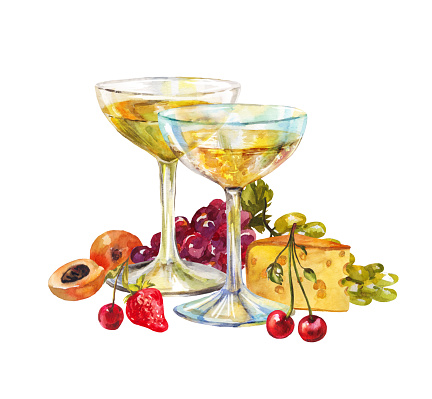 Beautiful watercolor still life with cheese, fruit and white wine or champagne. Illustration for invitation to a romantic dinner or tasting drinks