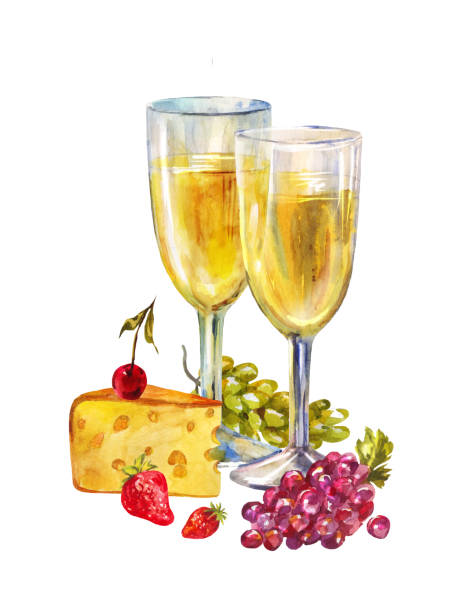 dwie szklanki szampana. romantyczna martwa natura z owocami i białym winem wyizolowanym na białym tle. ilustracja akwarelowa na walentynki lub zaproszenie do degustacji napojów - cheese wine white background grape stock illustrations