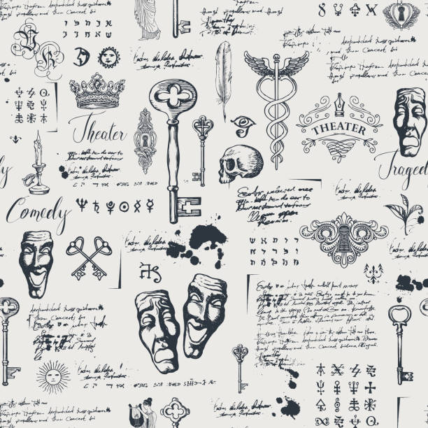 Abstract seamless pattern on the theme of theatre Vector seamless pattern on the theme of theater and drama with drawings of theatrical masks, vintage keys and lettering. Retro wallpaper, wrapping paper or backdrop for textile with sketches and blots old playhouse stock illustrations