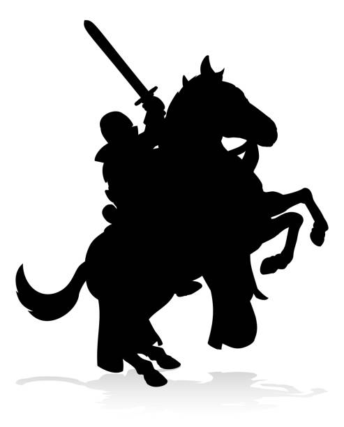 Silhouette Knight on Horse A silhouette knight holding a sword and shield on the back of horse knight helmet sword silhouette stock illustrations