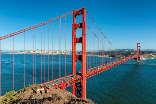 Golden Gate bridge and San Francisco downtown, at sunset, California.