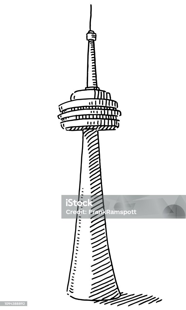 Television Tower Building Drawing Hand-drawn vector drawing of a Television Tower Building. Black-and-White sketch on a transparent background (.eps-file). Included files are EPS (v10) and Hi-Res JPG. Building Exterior stock vector