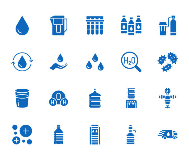 Water drop flat glyph icons set. Aqua filter, softener, ionization, disinfection, glass vector illustrations. Signs for bottle delivery. Solid silhouette pixel perfect 64x64 Water drop flat glyph icons set. Aqua filter, softener, ionization, disinfection, glass vector illustrations. Signs for bottle delivery. Solid silhouette pixel perfect 64x64. water filter stock illustrations