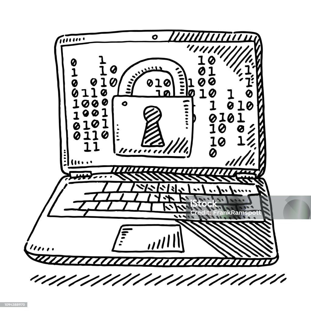 Laptop Computer Encryption Concept Padlock Drawing Hand-drawn vector drawing of a Laptop Computer with a Padlock and binary data code on the Screen. Encryption Concept. Black-and-White sketch on a transparent background (.eps-file). Included files are EPS (v10) and Hi-Res JPG. Technology stock vector