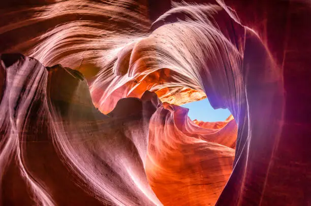 Beautiful view of amazing sandstone formations in famous Upper Antelope Canyon near the historic town of Page at Lake Powell, American Southwest, Arizona, USA - Stock image