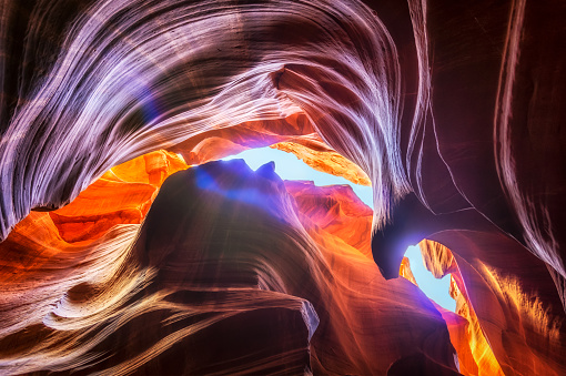 Beautiful view of amazing sandstone formations in famous Upper Antelope Canyon near the historic town of Page at Lake Powell, American Southwest, Arizona, USA - Stock image