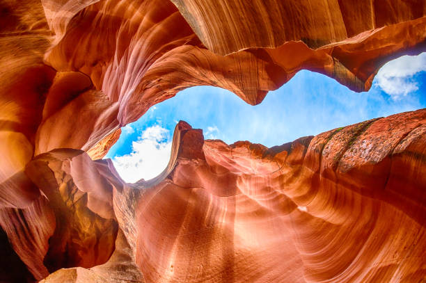 Upper Antelope Canyon Beautiful view of amazing sandstone formations in famous Upper Antelope Canyon near the historic town of Page at Lake Powell, American Southwest, Arizona, USA - Stock image lower antelope stock pictures, royalty-free photos & images