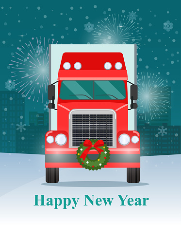 Christmas big truck with trailer. Front view. Vector flat illustration