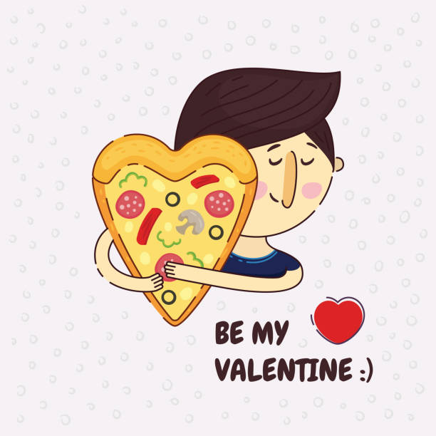 ilustraciones, imágenes clip art, dibujos animados e iconos de stock de ilustración de vector de pizza en forma de corazón. un hombre abraza apasionadamente con amor pizza. frase ser mi san valentín. amor a la pizza. elemento de diseño de logotipo icono. amor verdadero. amante de la pizza. - sausage shaped