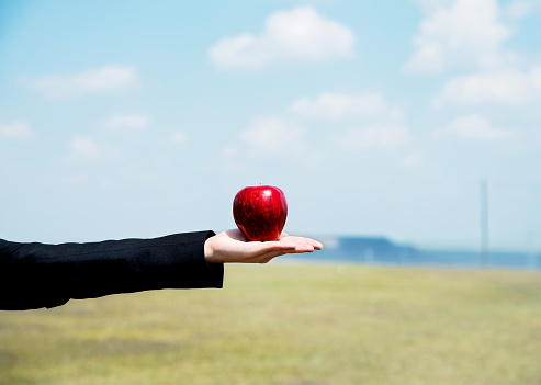 Woman hand holding an apple outdoors