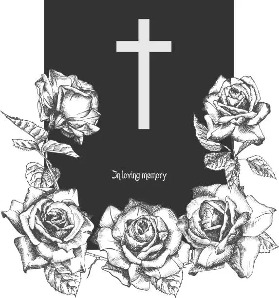 Vector illustration of Funeral ornament concept with hand drawn roses and cross in black color isolated on white Vintage engraved style Modern template background design for invitation, card, obituary