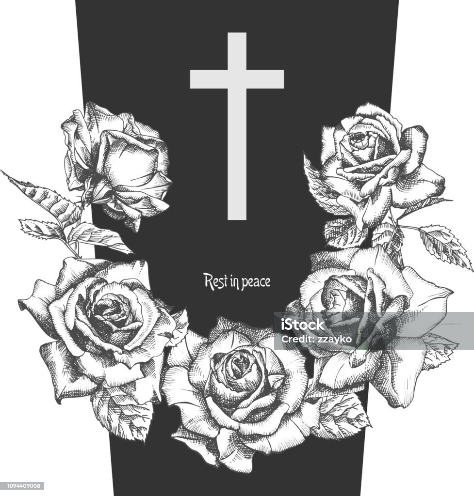 Funeral ornament concept with hand drawn roses and cross in black color isolated on white Vintage engraved style Modern template background design for invitation, card, obituary Funeral ornament concept with hand drawn roses and cross in black color isolated on white Vintage engraved style Modern template background design for invitation, card, obituary. Vector illustration Rose - Flower stock vector