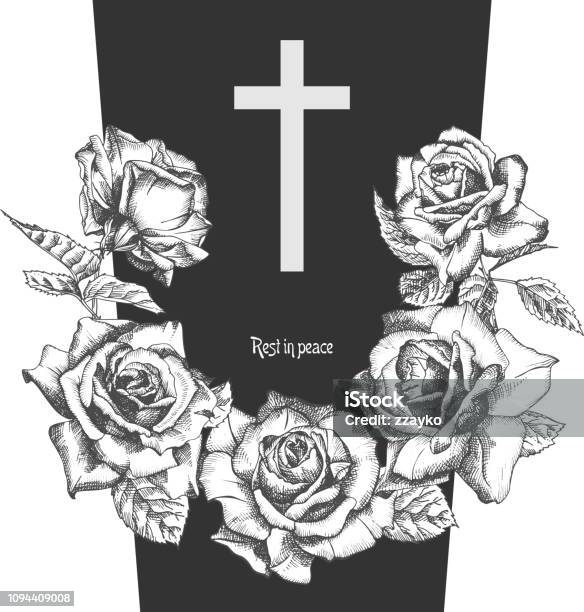 Funeral Ornament Concept With Hand Drawn Roses And Cross In Black Color Isolated On White Vintage Engraved Style Modern Template Background Design For Invitation Card Obituary Stock Illustration - Download Image Now