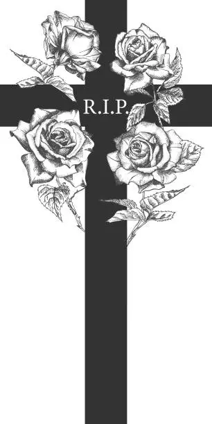 Vector illustration of Funeral ornament concept with hand drawn roses and cross in black color isolated on white Vintage engraved style Modern template background design for invitation, card, obituary