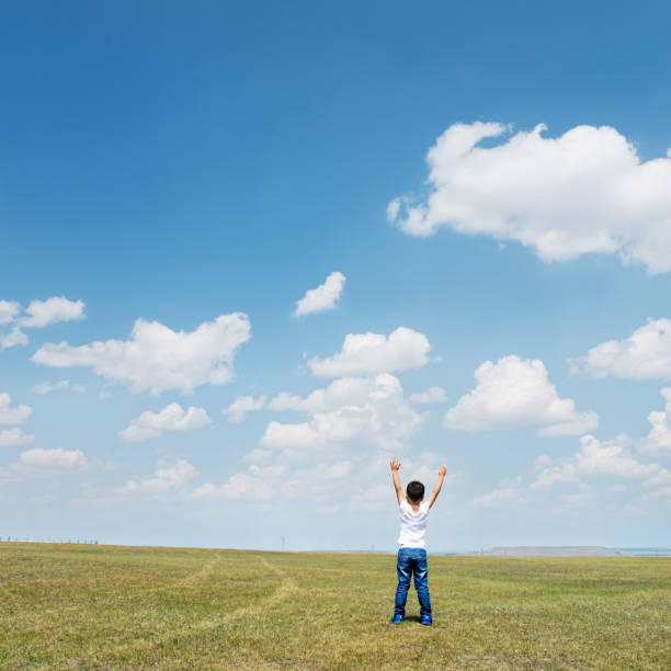 istock Little boy arms raised under blue sky 1094409198