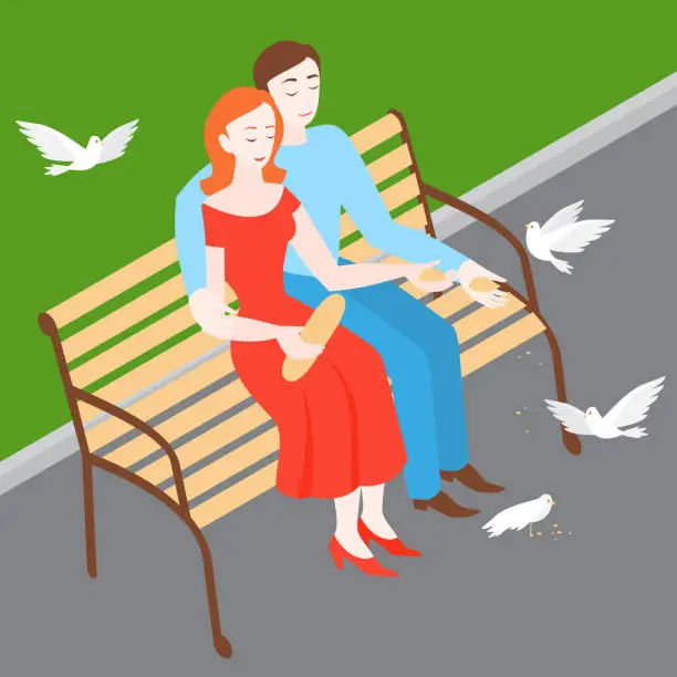 Vector illustration of Man and woman feeding birds in park on the bench. Isometric couple Romantic date. Girl and boy in love relationship feed pigeons. Family walk