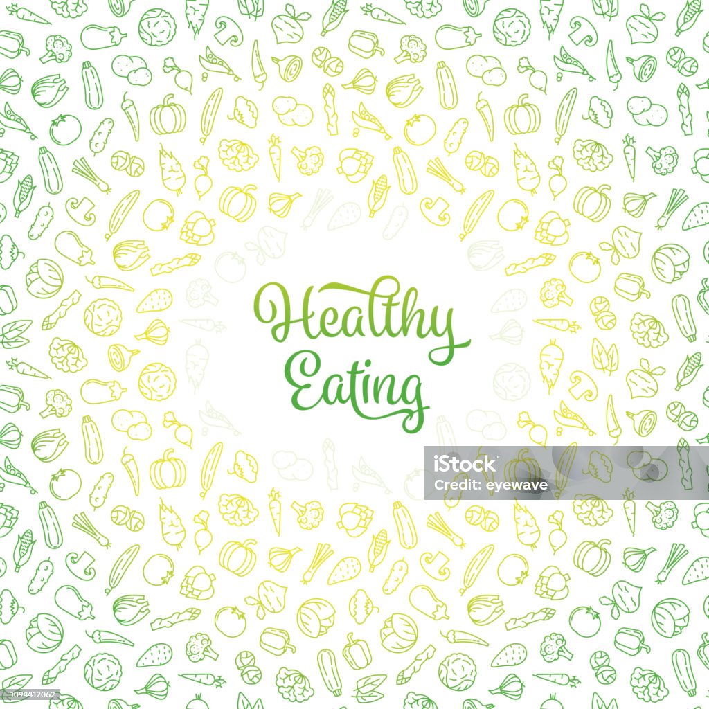 Healthy Eating vector illustration with vegetables icons pattern Healthy Eating concept with phrase and seamless wallpaper pattern from vegetables icons Artichoke stock vector