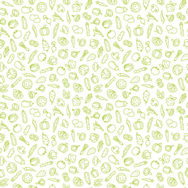 Seamless vegetables icons background Seamless wallpaper background with various vegetable icons, green symbols on transparent background vector illustration carrot symbol food broccoli stock illustrations