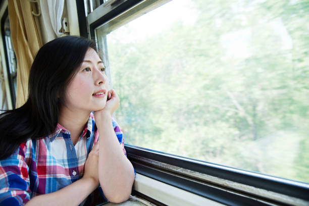 istock Beautiful woman looking out the train window 1094415506