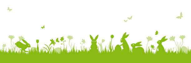 ilustraciones, imágenes clip art, dibujos animados e iconos de stock de ilustración de vector de pascua escena bandera aislada - easter bunny