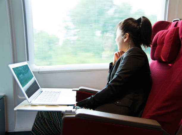 istock Young businesswoman using a laptop on the train 1094419824