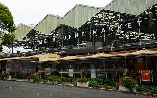 5th January 2019, Melbourne Australia : exterior view of South Melbourne Market with name in Melbourne Victoria Australia
