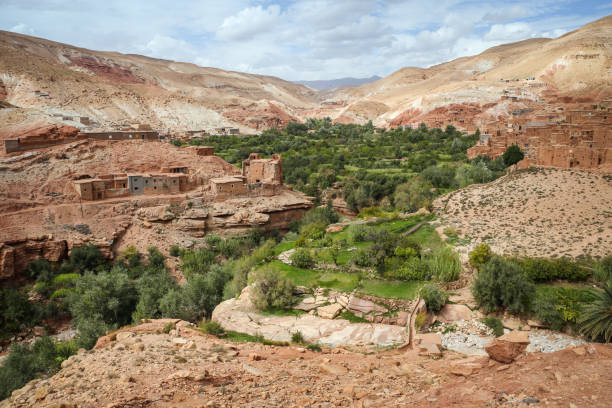oasis de verdure dans un paysage de désert aride avec vieux villages berbères dans la vallée de l’atlas au maroc, près de ouarzazate - 7679 photos et images de collection