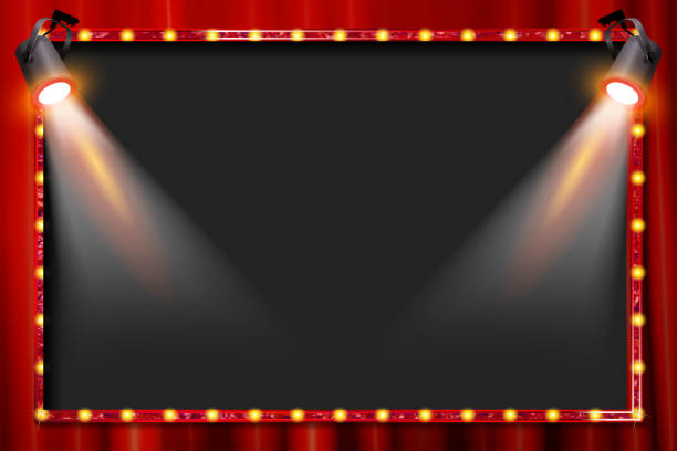 A spotlight theatre stage A spotlight theatre stage with coloured spotlights and red stage curtain drapes. Vector illustration movie borders stock illustrations