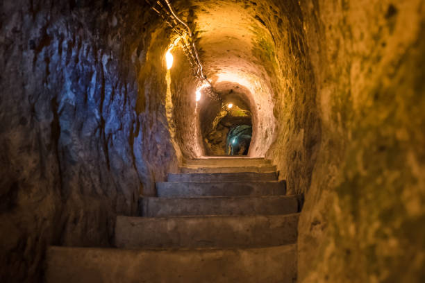 Long tunnel through gypsum mine in Cappadocia, Turkey. stock photo