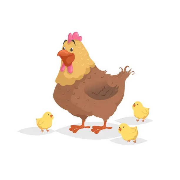 Vector illustration of Cartoon funny brown hen with little yellow chickens. Comic trendy flat style with simple gradients. Mother and family vector illustration. Isolated on white background.