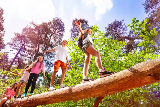 Group of kids walk one after another over big log in the forest during nature orientation summer school trip game